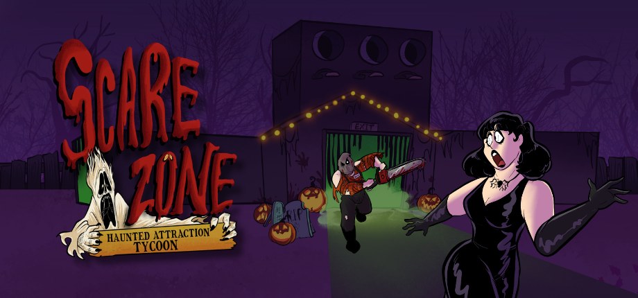 ScareZone key art: a chainsaw-wielding scare actor bursts out of a haunted attraction as a startled guest screams
